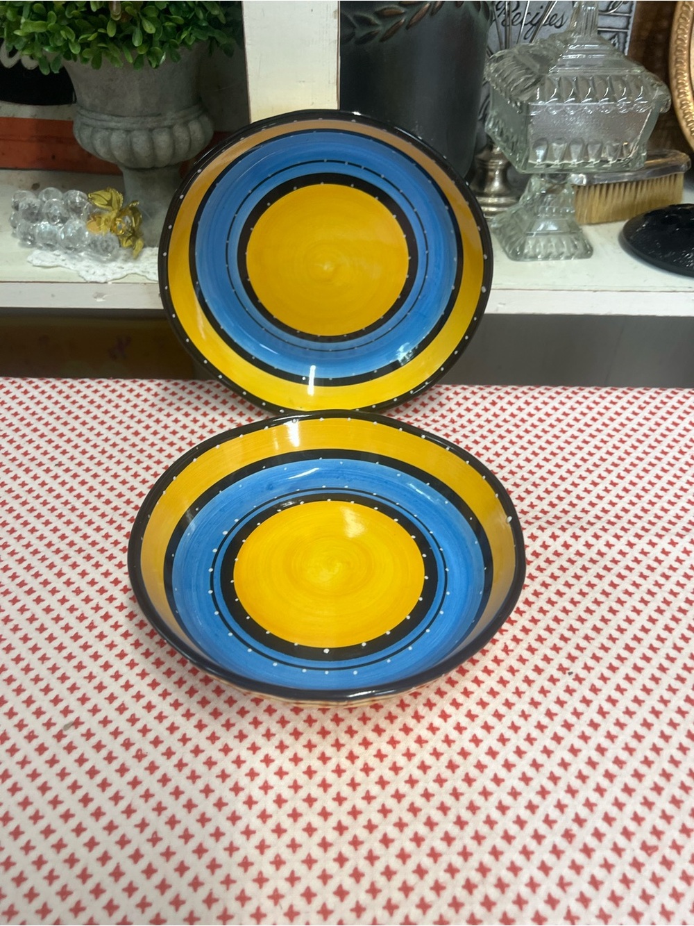 Tabletops gallery pasta salad bowls bohemian stripe blue yellow handpainted